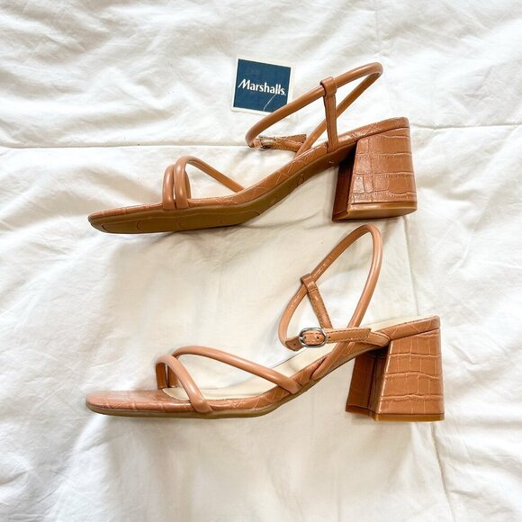 NWT Nine West Tan Strappy Block Heel Sandals Croc Embossed Women’s Size 8 - Picture 3 of 5